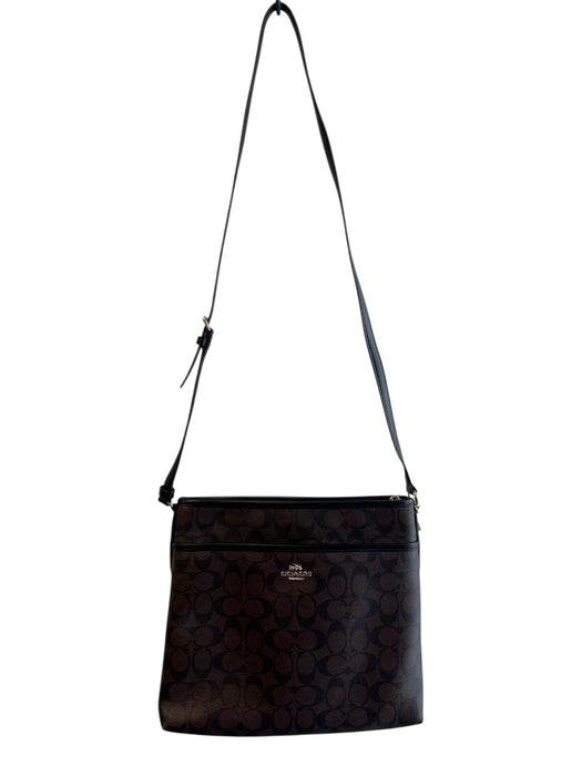 Coach Brown Black Leather Gold hardware Coach print Zip closure Cross Body Bag Brown Black