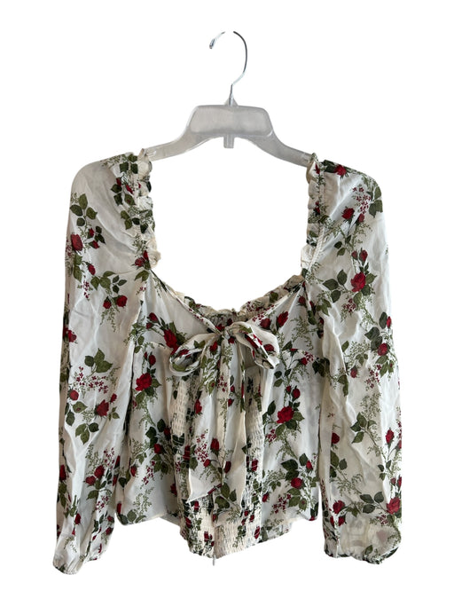 Reformation Size 12 White & Green Viscose Long Sleeve Floral Print Back Tie Top White & Green / 12