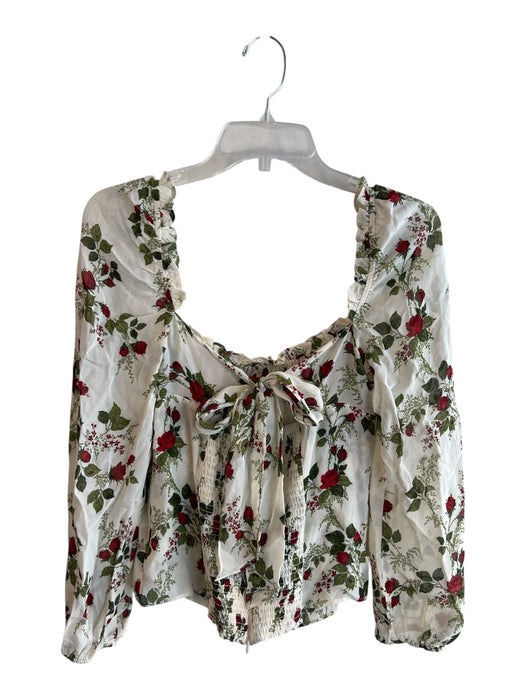 Reformation Size 12 White & Green Viscose Long Sleeve Floral Print Back Tie Top White & Green / 12