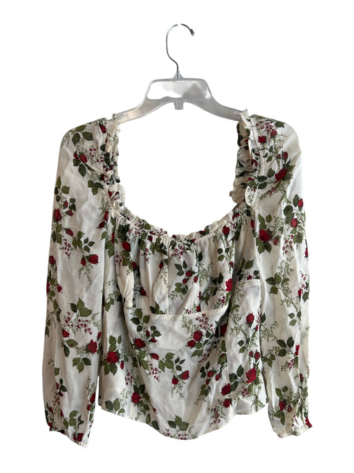 Reformation Size 12 White & Green Viscose Long Sleeve Floral Print Back Tie Top White & Green / 12
