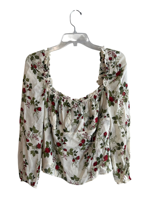 Reformation Size 12 White & Green Viscose Long Sleeve Floral Print Back Tie Top White & Green / 12