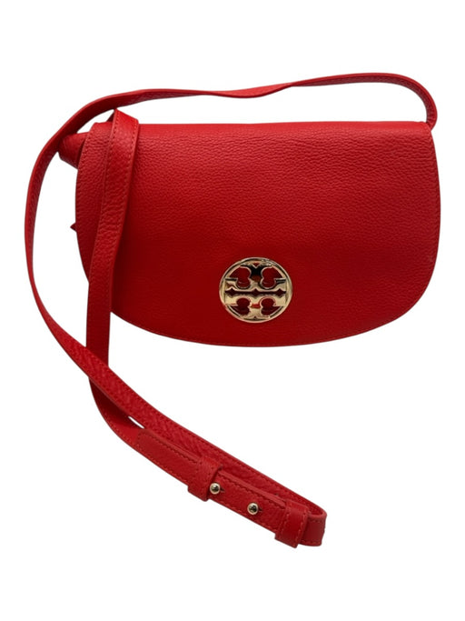 Tory Burch Orange Pebbled Leather Gold Tone Hardware Flap Adjustable Strap Bag Orange / Small