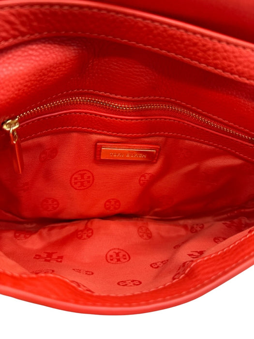Tory Burch Orange Pebbled Leather Gold Tone Hardware Flap Adjustable Strap Bag Orange / Small