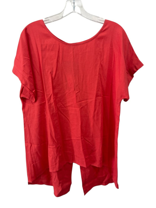 Ruti Size S/M Coral Red Linen Short Sleeve Scoop Neck Split Back Tunic Top Coral Red / S/M