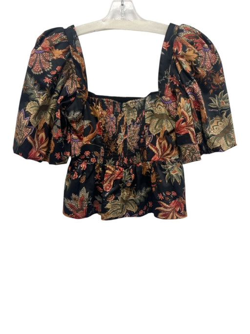 Cara Cara Size S Black, Beige, Multi Cotton Half Puff Sleeve Floral Peplum Top Black, Beige, Multi / S