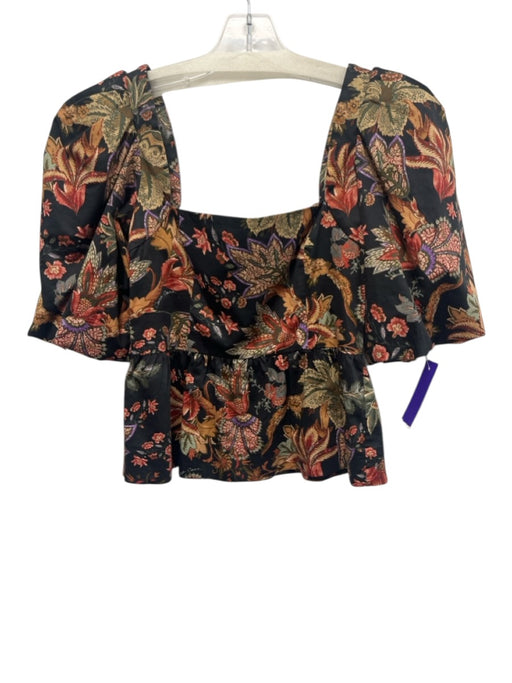 Cara Cara Size S Black, Beige, Multi Cotton Half Puff Sleeve Floral Peplum Top Black, Beige, Multi / S