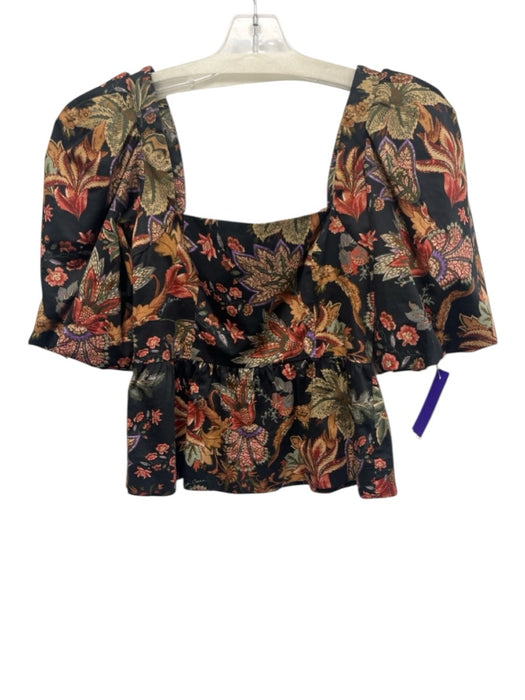 Cara Cara Size S Black, Beige, Multi Cotton Half Puff Sleeve Floral Peplum Top Black, Beige, Multi / S