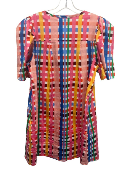 Crosby Size L Pink, White, Multi Cotton Short Sleeve Gingham V Neck Mini Dress Pink, White, Multi / L