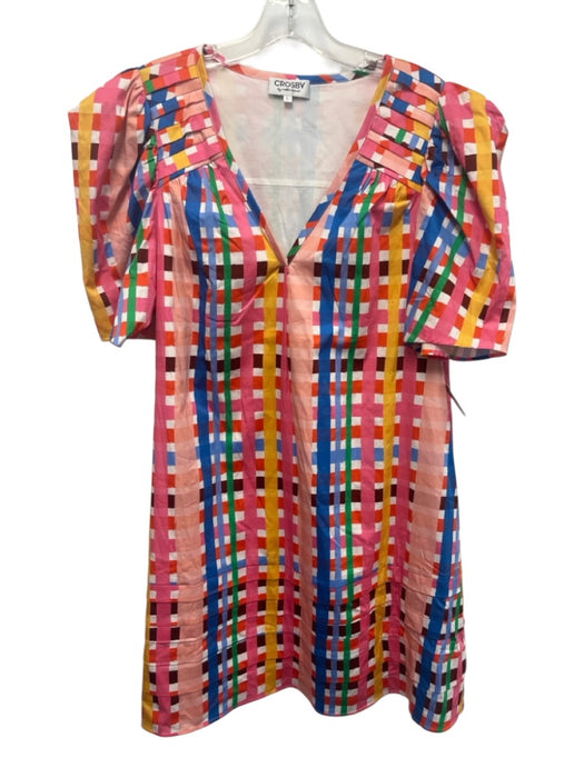 Crosby Size L Pink, White, Multi Cotton Short Sleeve Gingham V Neck Mini Dress Pink, White, Multi / L
