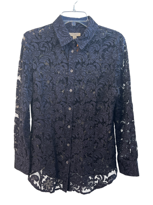 Burberry Size 12 Navy No Fabric Tag Lace Collared Button Up Long Sleeve Top Navy / 12