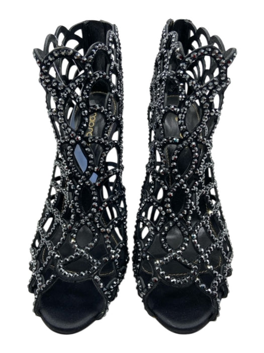 Sergio Rossi Shoe Size 38.5 Black & Gunmetal Leather Rhinestone Peep Toe Booties Black & Gunmetal / 38.5