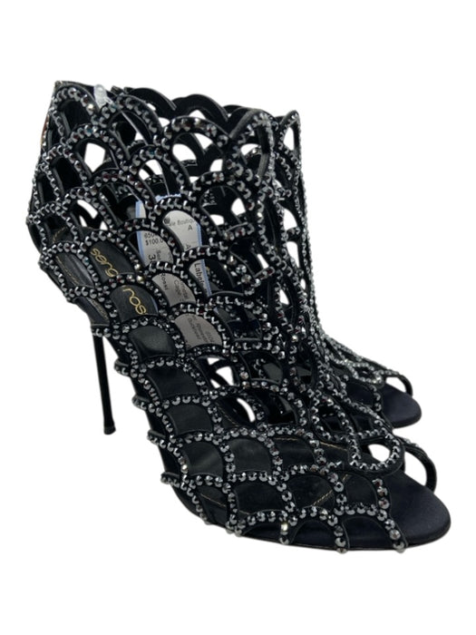 Sergio Rossi Shoe Size 38.5 Black & Gunmetal Leather Rhinestone Peep Toe Booties Black & Gunmetal / 38.5