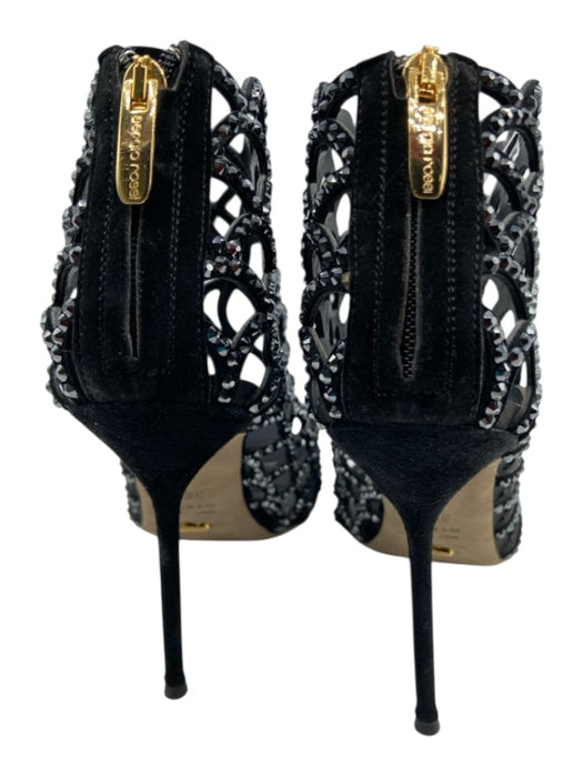 Sergio Rossi Shoe Size 38.5 Black & Gunmetal Leather Rhinestone Peep Toe Booties Black & Gunmetal / 38.5