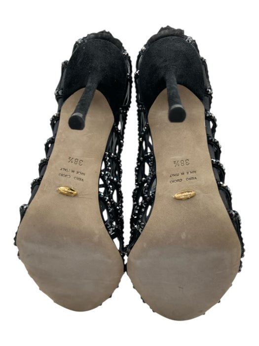 Sergio Rossi Shoe Size 38.5 Black & Gunmetal Leather Rhinestone Peep Toe Booties Black & Gunmetal / 38.5