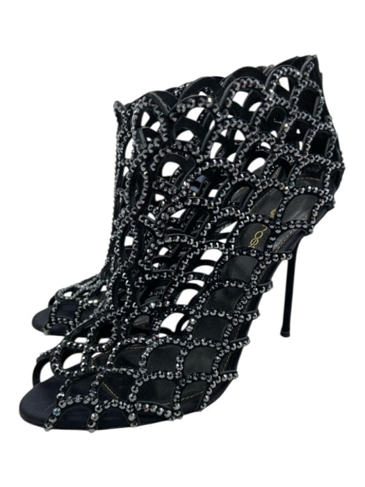 Sergio Rossi Shoe Size 38.5 Black & Gunmetal Leather Rhinestone Peep Toe Booties Black & Gunmetal / 38.5