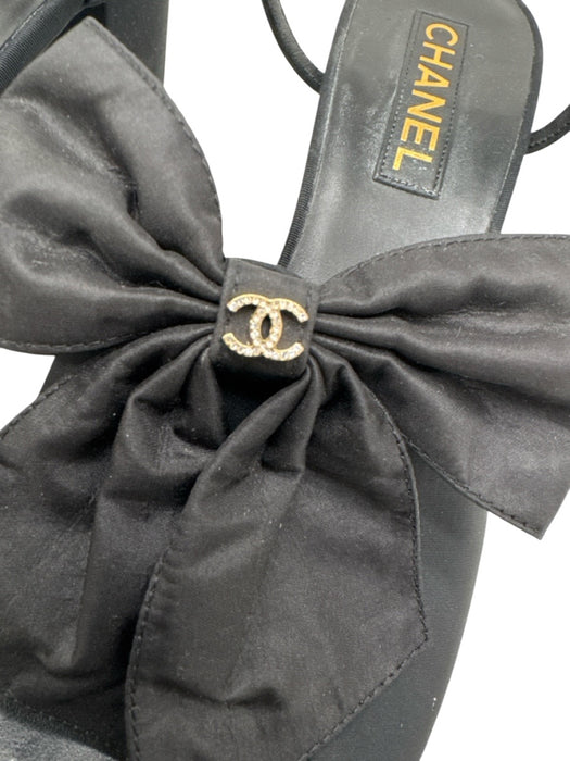 Chanel Shoe Size 41 Black Silk crystal cc Bow Ankle Strap Block heel Sandals Black / 41