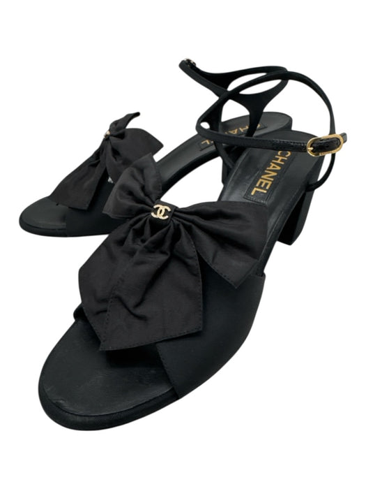 Chanel Shoe Size 41 Black Silk crystal cc Bow Ankle Strap Block heel Sandals Black / 41