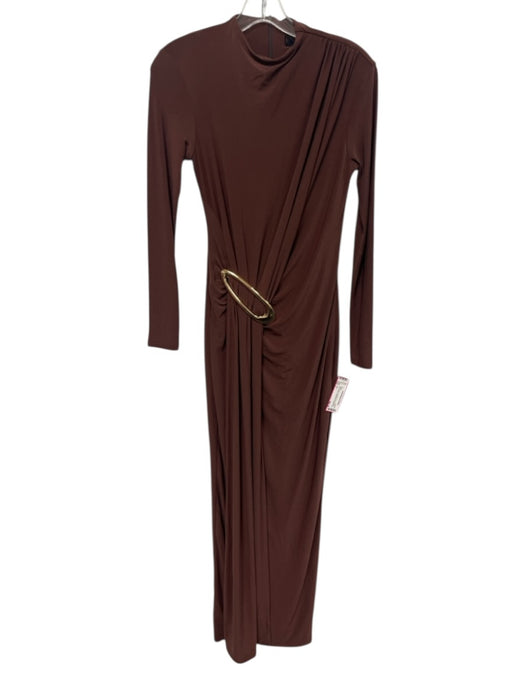 Club L Size 4 Brown Polyester Blend Jersey Long Sleeve Gold Buckle Sheath Dress Brown / 4