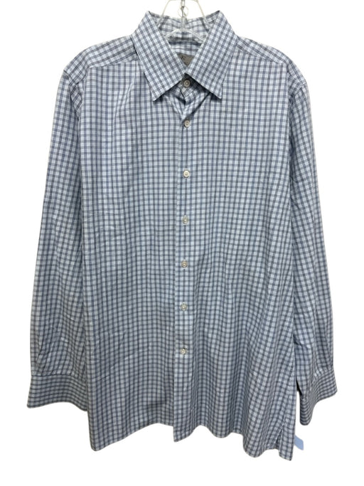 Canali Size XL Light Blue & White Cotton Plaid Button up Men's Long Sleeve Shirt Light Blue & White / XL