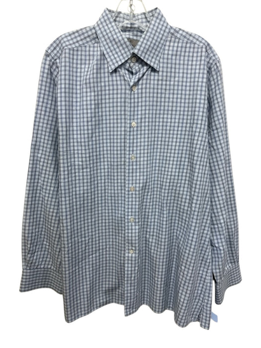 Canali Size XL Light Blue & White Cotton Plaid Button up Men's Long Sleeve Shirt Light Blue & White / XL