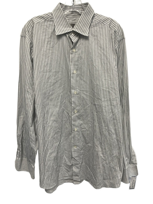 Canali Size 17 White & Gray Cotton Striped Button Down Men's Long Sleeve Shirt White & Gray / 17