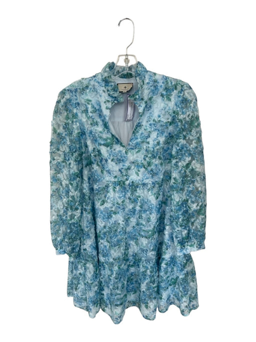 Tuckernuck Size L Blue Polyester Blend Floral Mesh Detail Ruffle collar Dress Blue / L