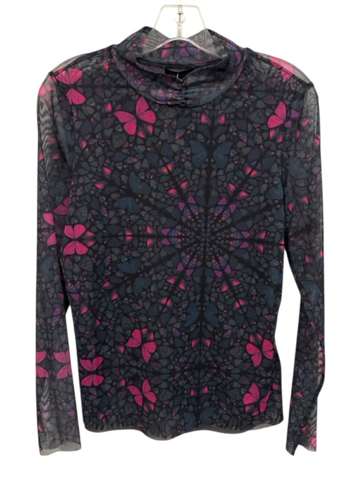 Ted Baker Size 4 Black, Pink & Multi Polyester Long Sleeve Sheer High Neck Top Black, Pink & Multi / 4