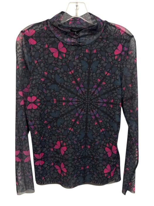 Ted Baker Size 4 Black, Pink & Multi Polyester Long Sleeve Sheer High Neck Top Black, Pink & Multi / 4