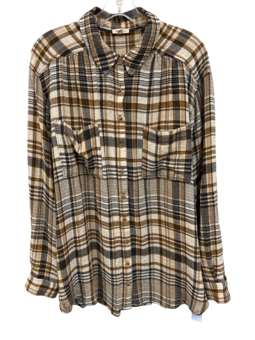 Pilcro Size L Brown, Gray, White Viscose & Polyester Long Sleeve Plaid Top Brown, Gray, White / L