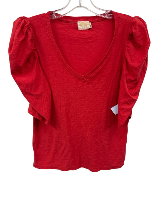Nation Size L Red Cotton Short Sleeve Puff Shoulder V Neck Top Red / L