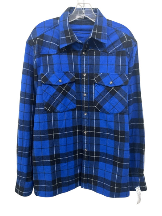 7 For All Mankind Size M Blue & Black Cotton Blend Plaid Men's Long Sleeve Shirt Blue & Black / M