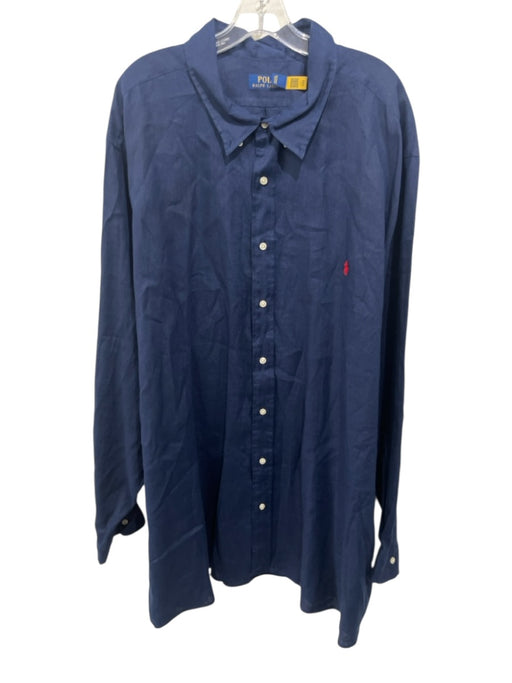 Polo Size 4XB Blue Linen Solid Button Up Men's Long Sleeve Shirt Blue / 4XB