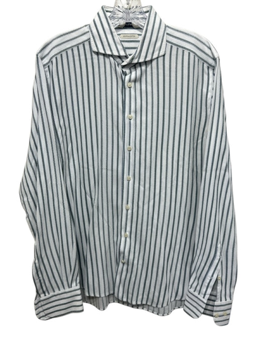 Suitsupply Size 16 White & Green Cotton Striped Button Up Long Sleeve Shirt White & Green / 16