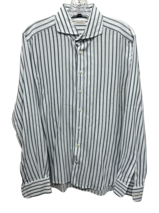 Suitsupply Size 16 White & Green Cotton Striped Button Up Long Sleeve Shirt White & Green / 16