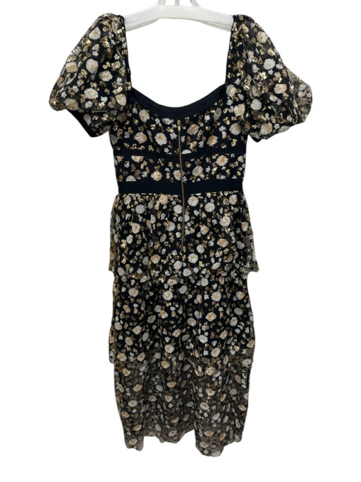Self-Portrait Size 4 Black & Multi Polyester Sequined Puff Shoulder Midi Dress Black & Multi / 4