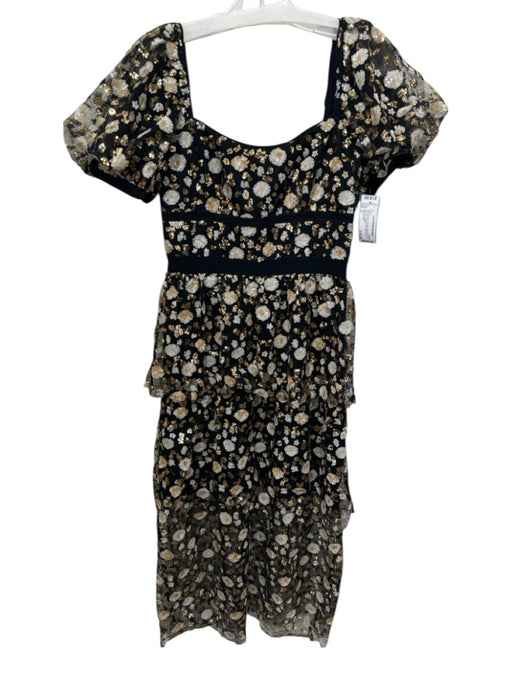 Self-Portrait Size 4 Black & Multi Polyester Sequined Puff Shoulder Midi Dress Black & Multi / 4