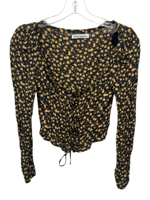 Reformation Size 2 Black & Yellow Viscose floral print Tie Detail Wrap Top Black & Yellow / 2