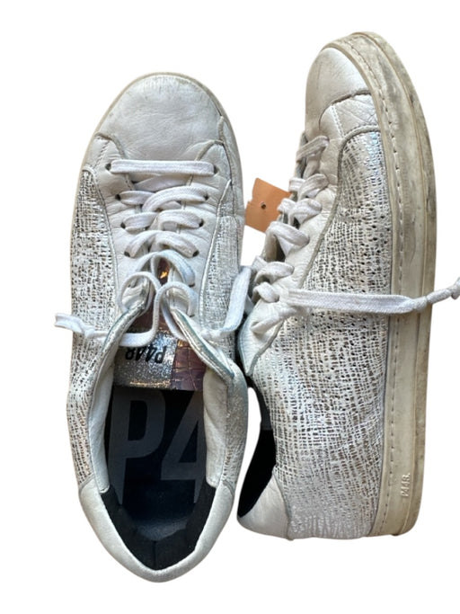 P448 Shoe Size 38 White & Silver Chrome Lace Up Metalic Sneakers White & Silver / 38