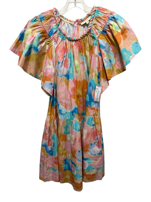 LaRoque Size S Orange, Blue & Multi Cotton Short flutter sleeve Tiered Dress Orange, Blue & Multi / S