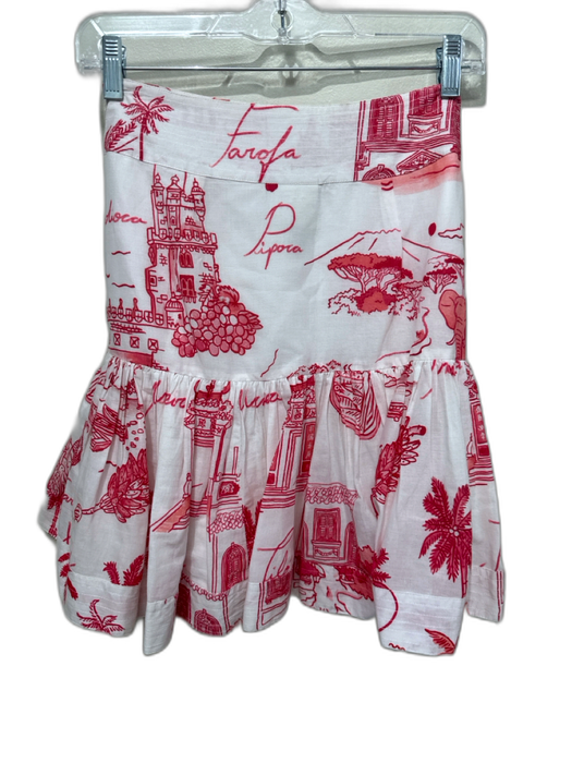 Farm Rio Size M Red & White Cotton Side Zip birds & trees Side Tie Skirt Red & White / M