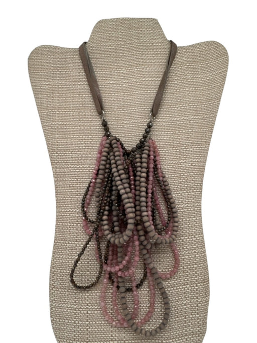 Brunello Cucinelli Brown & Pink Wodd & Beads Stones Beaded Layered Necklace Brown & Pink