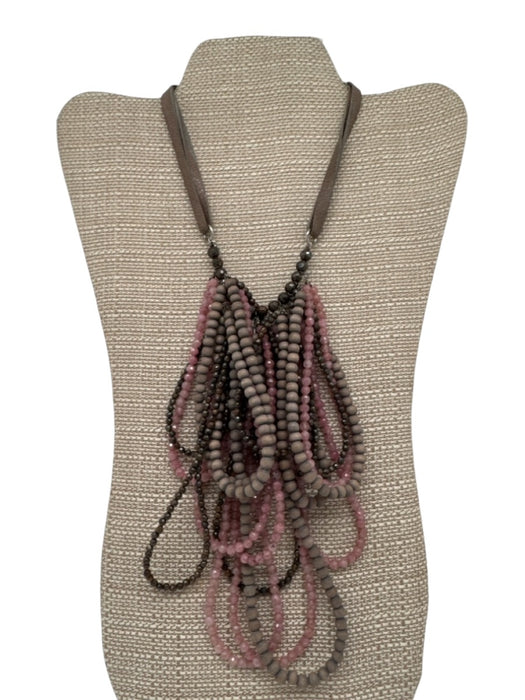 Brunello Cucinelli Brown & Pink Wodd & Beads Stones Beaded Layered Necklace Brown & Pink