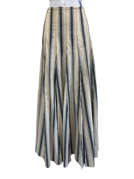 Rosie Assoulin Size 4 White & Navy Cotton Stripe Maxi Back Zip Pleats Skirt White & Navy / 4