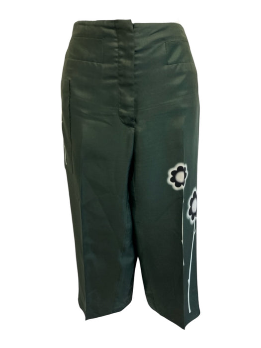 Prada Size 42 Dark Green Silk Long Sleeve Capri Floral design Pants Set Dark Green / 42