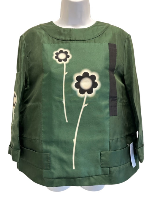 Prada Size 42 Dark Green Silk Long Sleeve Capri Floral design Pants Set Dark Green / 42