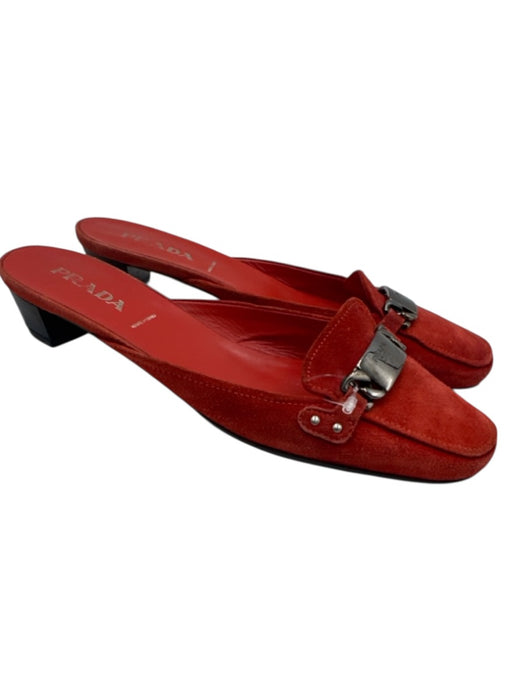 Prada Shoe Size 37 Red Orange Suede Gunmetal Hardware Kitten Heel Mules Red Orange / 37