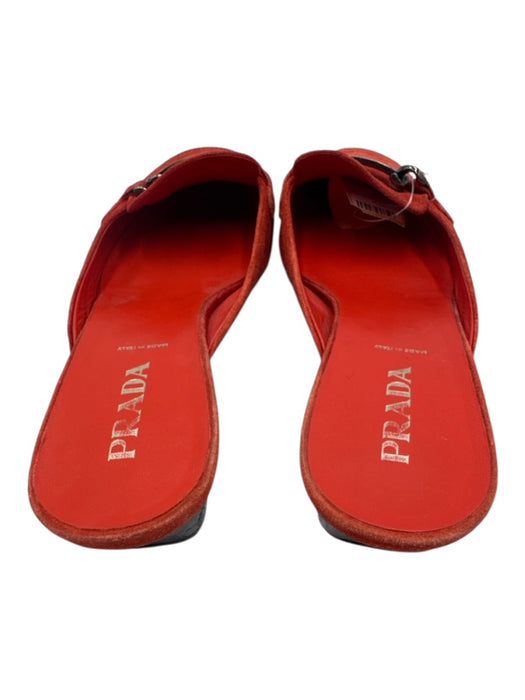 Prada Shoe Size 37 Red Orange Suede Gunmetal Hardware Kitten Heel Mules Red Orange / 37