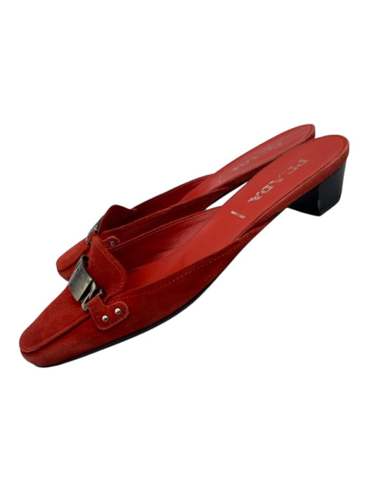 Prada Shoe Size 37 Red Orange Suede Gunmetal Hardware Kitten Heel Mules Red Orange / 37