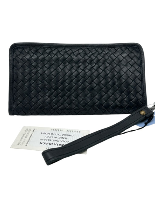 Viola Castellani Milano Black Leather Basket Weave Rectangle Wallet Wristlet Bag Black / Small