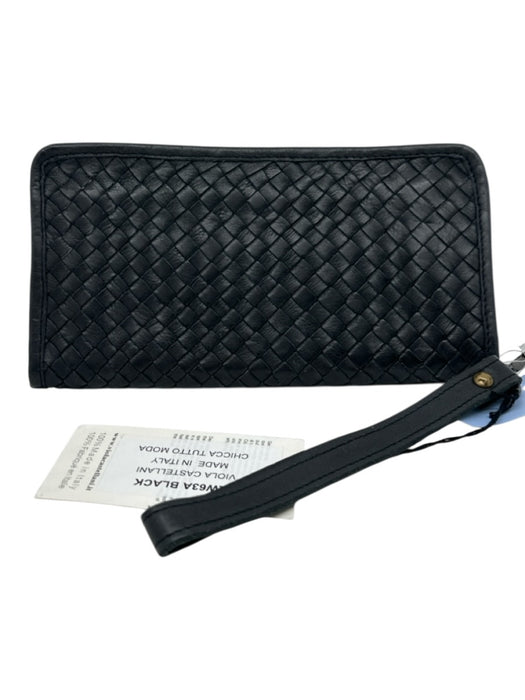 Viola Castellani Milano Black Leather Basket Weave Rectangle Wallet Wristlet Bag Black / Small